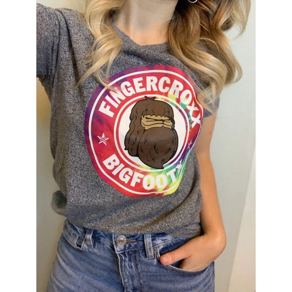 XS, Fingercroxx, Heathered grey and tie dye Bigfoot graphic tee shirt